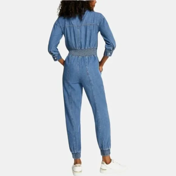 NWT River Island Jumpsuit Blue Denim Smocked Waist Boilersuit Size 8 UK, 6 US - Picture 8 of 12